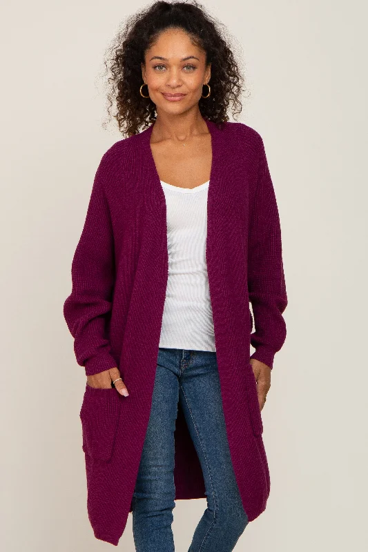 Fashionable And Fashionable Plum Pocketed Knit Cardigan