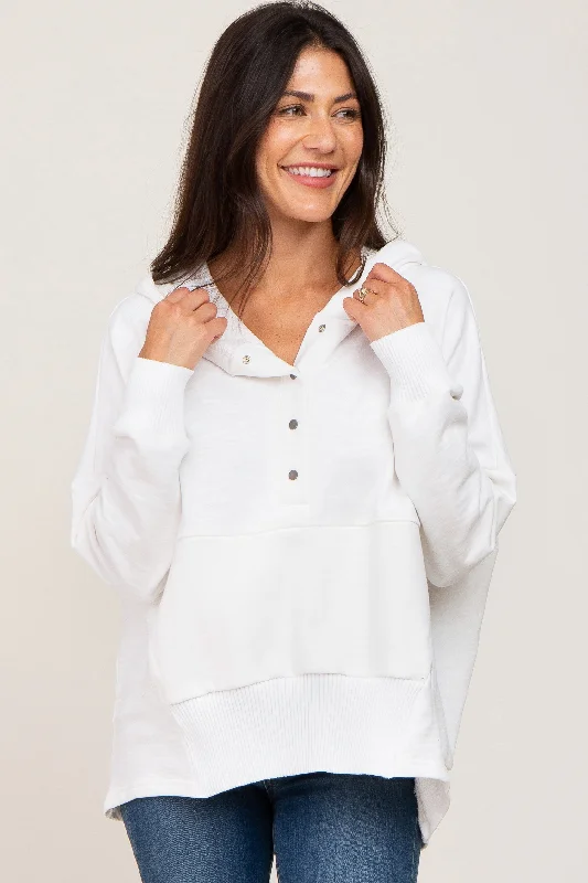 Cozy Look White Button Front Ribbed Trim Hooded Sweatshirt