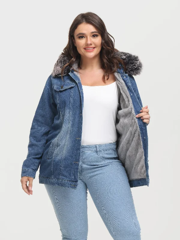 Retro Design Midsize Button Plush Hooded Denim Jacket