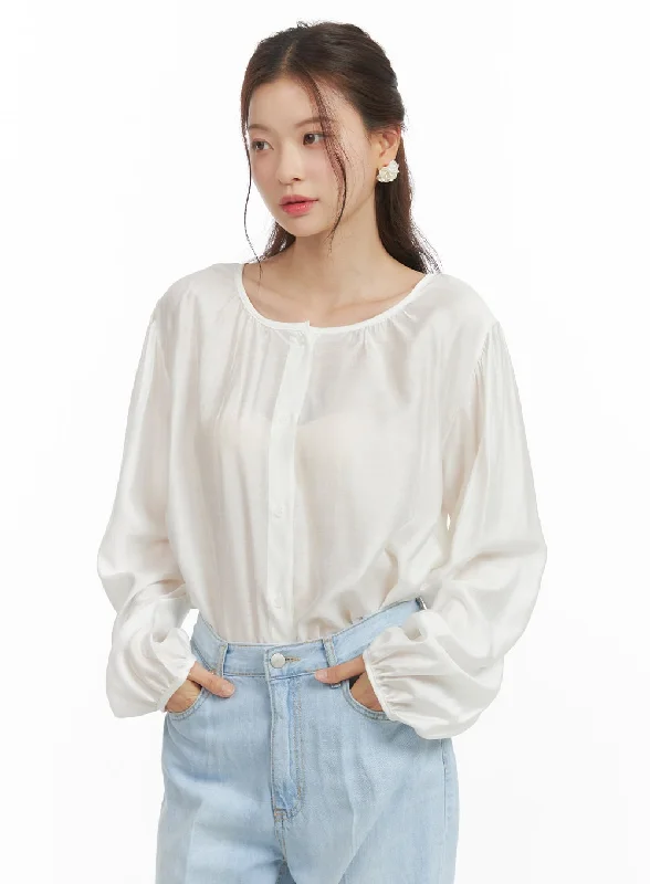 Unique Fashion Sheer Shirred Button-Up Blouse OY417