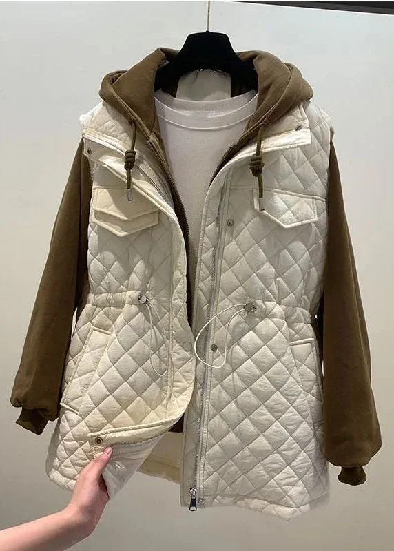 Floral Prints Handmade Beige Zippered Patchwork Drawstring Winter Hooded Coats Fall