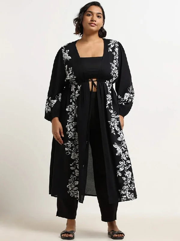 Elegant Outline Gia Black Floral Printed Tie-Up Shrug