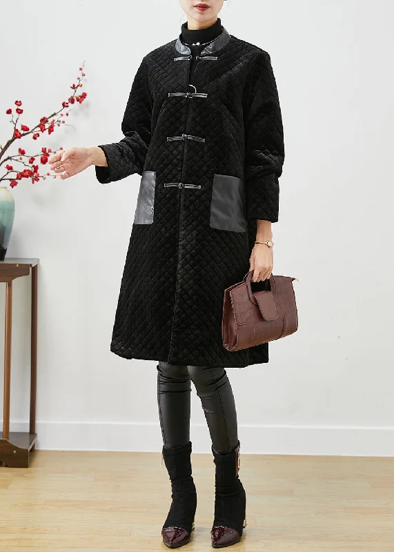 Fashion Wear Women Black Patchwork Pockets Silk Velour Fine Cotton Filled Coats Winter