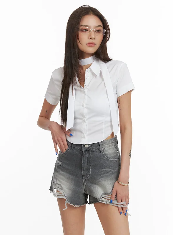 Celebrity Style Buttoned Collar Crop Shirt with Scarf CY424