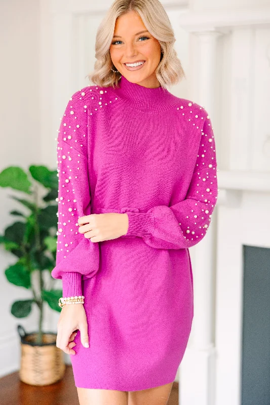 Celebrity Style Fate: Living Is Easy Magenta Pink Embellished Sweater Dress