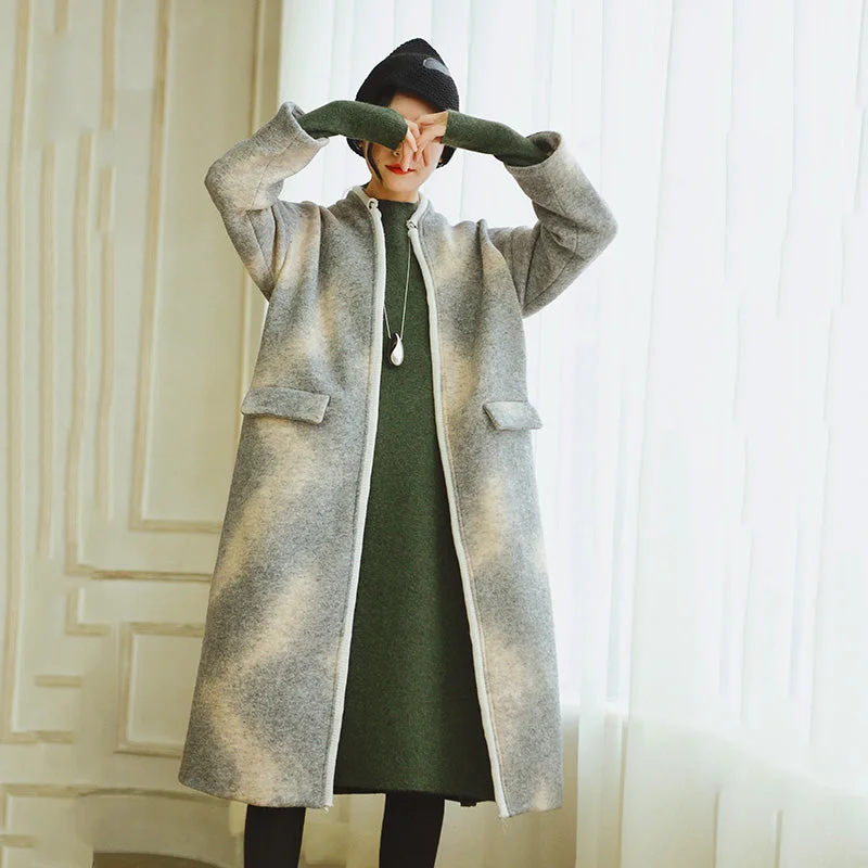 Classic Choice women gray coats plus size patchwork Wool Coat Fashion long sleeve coat