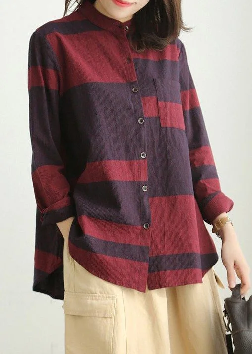 Design Must-have Loose Red Stand Collar Button Cotton Blouses Long Sleeve