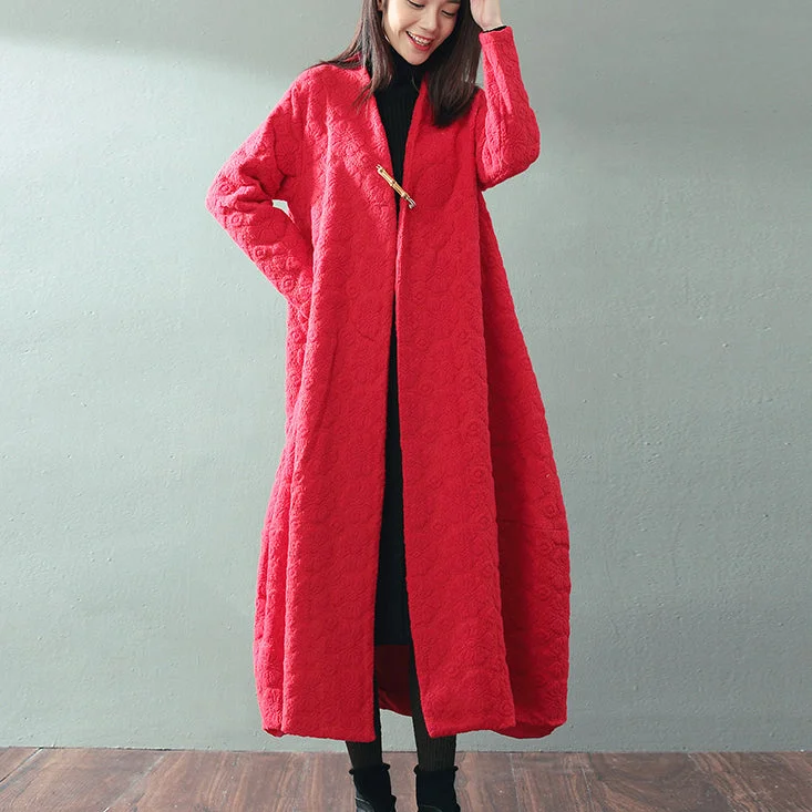 Advanced Design boutique red maxi coat trendy plus size V neck baggy Coats fine Jacquard wool coat