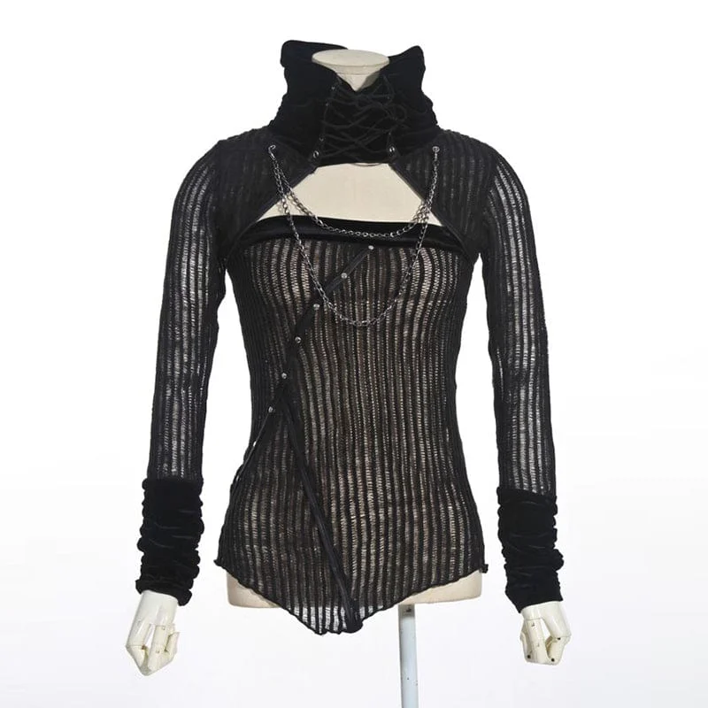 Summer Selection Women's Steampunk Strappy Stand Collar Cutout Knitted Shirt