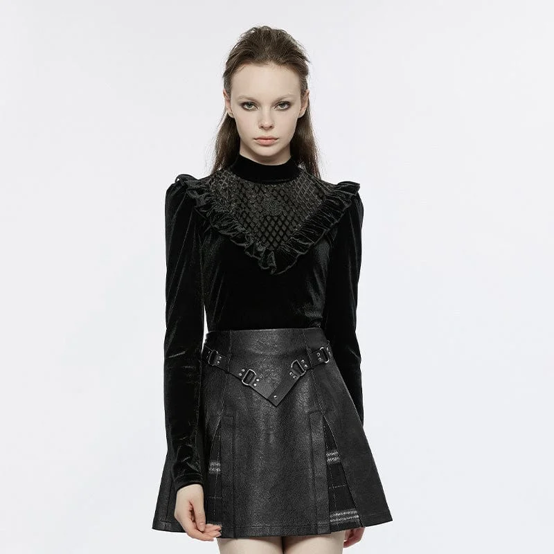 Classic Series Women's Gothic Stand Collar Ruffled Velvet Shirt