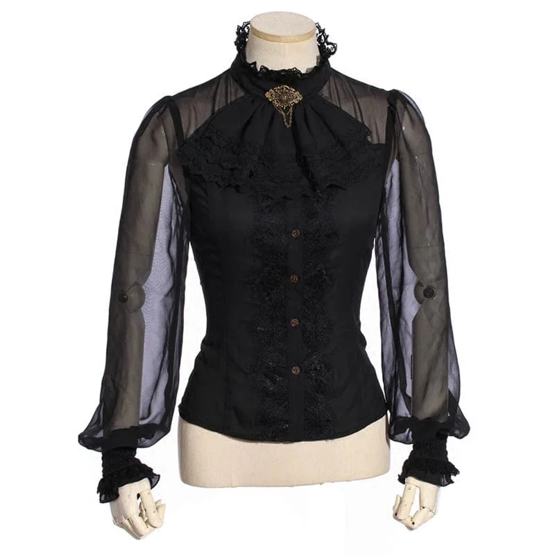 Fashionable Items Women's Steampunk Puff Sleeved Floral Embroidered Shirt with Neckwear