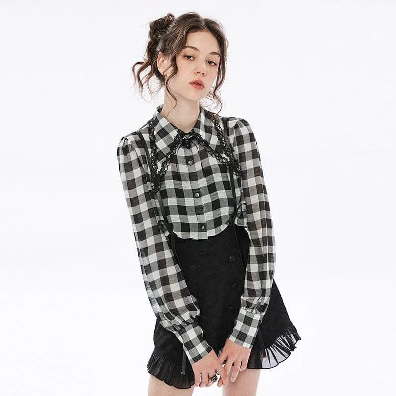 Classic Style Women's Punk Puff Sleeved Sheer Plaid Chiffon Shirt