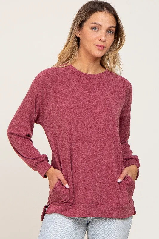 Casual Wear Burgundy Hi-Low Side Slit Long Sleeve Top