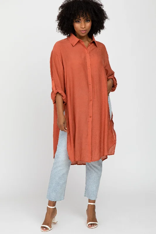 Fashion Pioneer Rust Button Front Side Slit Oversized Blouse