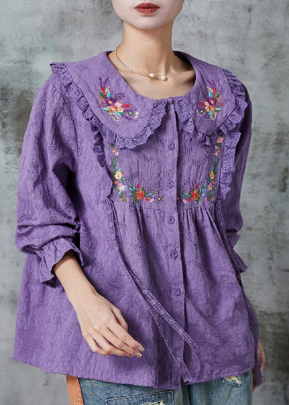 Fashion Wear Purple Patchwork Lace Cotton Shirt Top Embroidered Spring