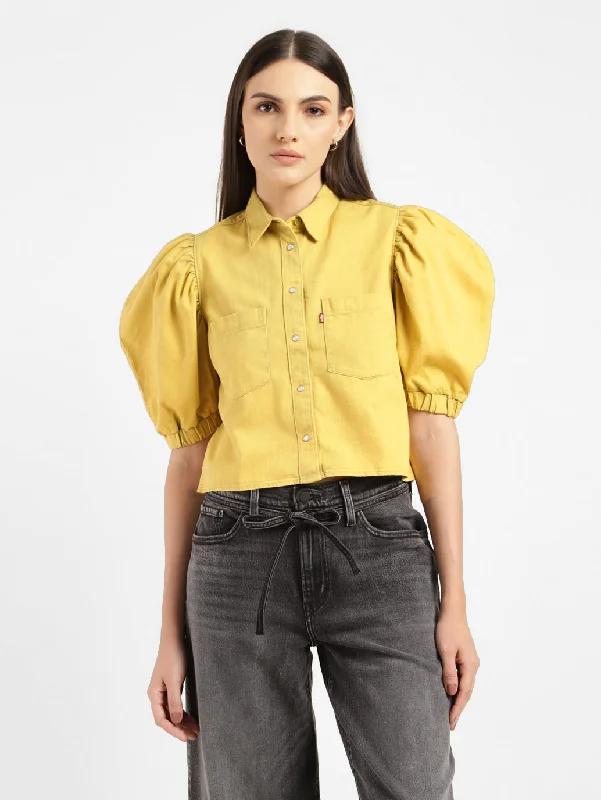 Simple Design Women's Solid Spread Collar Shirt Yellow