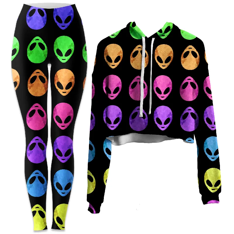 Weekend Style Alien Pattern Crop Hoodie and Leggings Combo