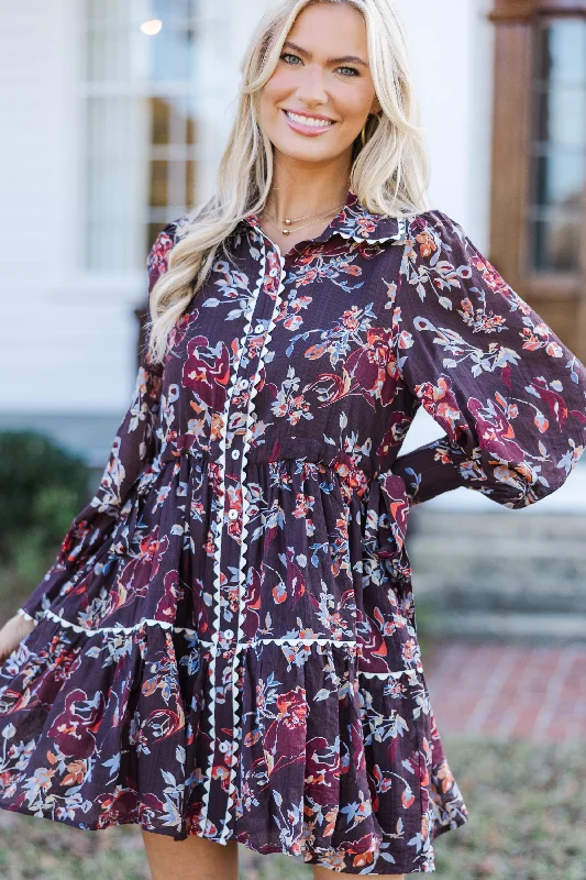 Chic Relaxation Meet You There Espresso Brown Floral Dress