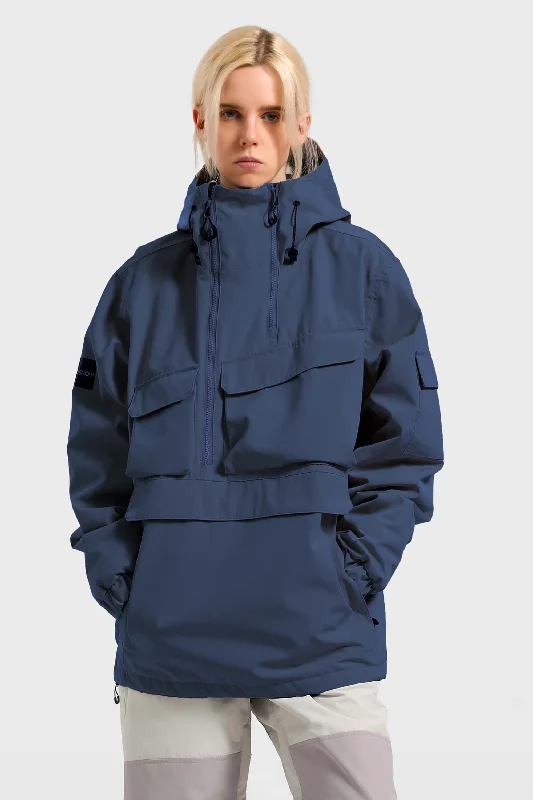 Simple Elegance Women's Navy Blue Asymmetrical Kangaroo Pocket Waterproof Insulated Snow Anoraks