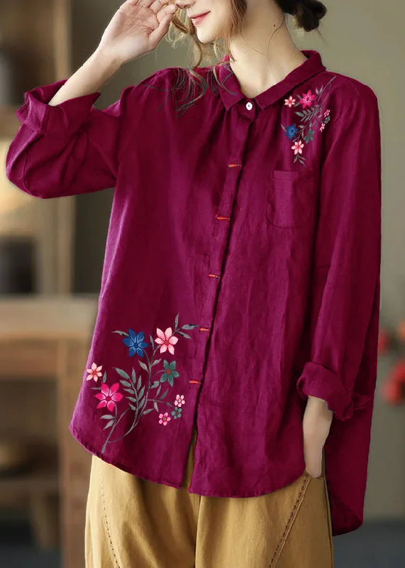 Personalized Wear Rose Patchwork Linen Shirt Peter Pan Collar Embroideried Spring