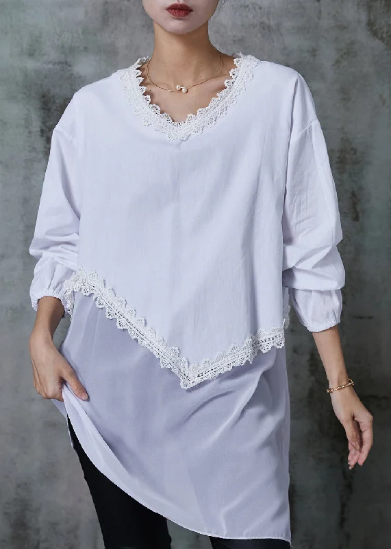 Lace Design White Patchwork Lace Cotton Blouses Oversized Summer