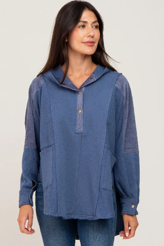 Versatile Wear Blue Soft Mixed Knit Button Front Hooded Top