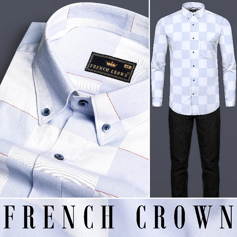 Classic Style Bright White and Tealish Blue Checked Jacquard Textured Premium Giza Cotton Shirt