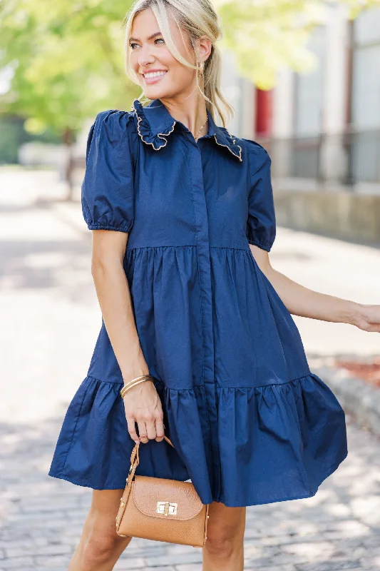 Embroidery Design Out In The World Navy Blue Ruffled Babydoll Dress