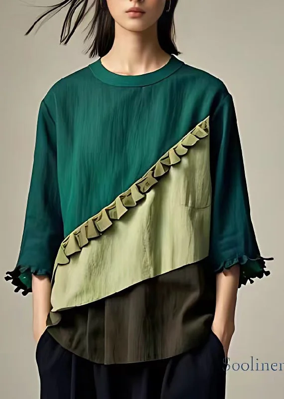 Street Fashion Women Green O-Neck Ruffled Patchwork Top Bracelet Sleeve