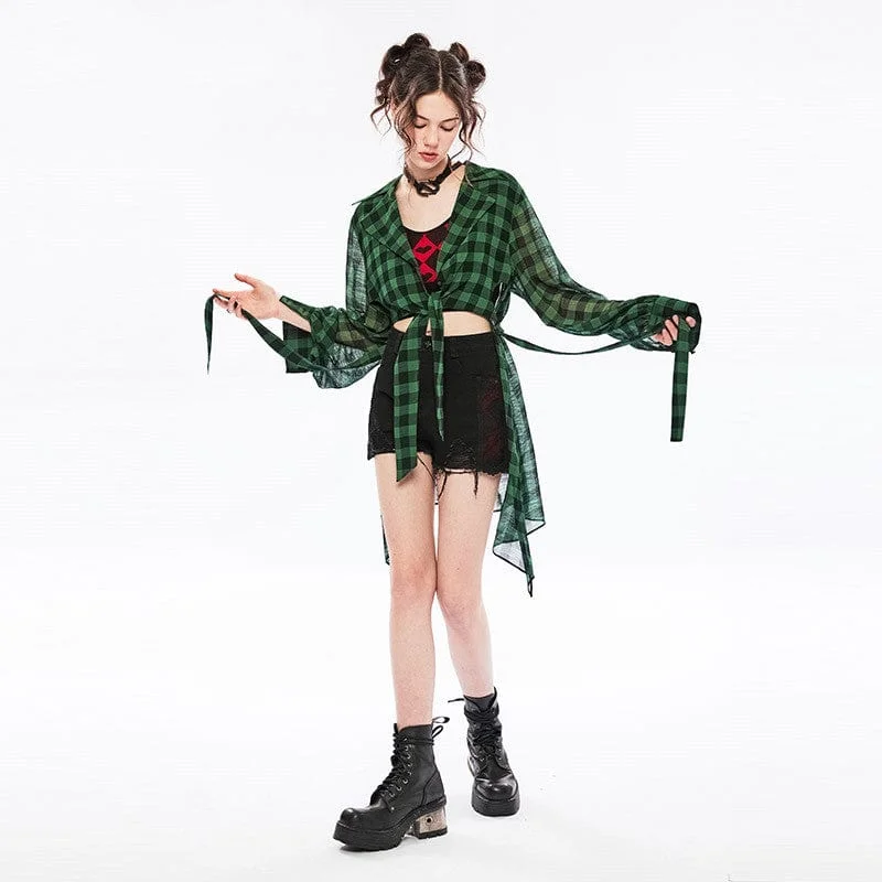 Comfortable Fashion Women's Vintage Sheer Green Plaid Long Shirt