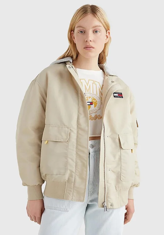 Exclusive Customization Tommy Jeans Womens Hooded Bomber Jacket, Savannah Sand