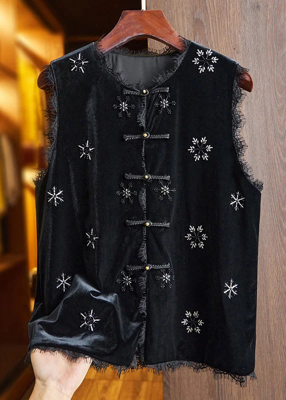 Design Trend Handmade Black Nail Bead Lace Patchwork Silk Velour Shirt Waistcoat Sleeveless