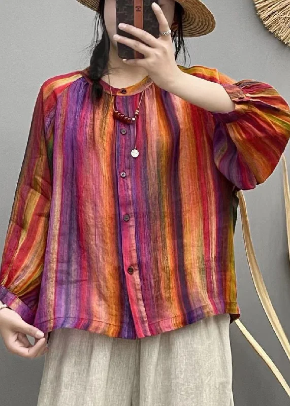 Cozy Fit Rainbow Button Patchwork Linen Blouses O Neck Spring