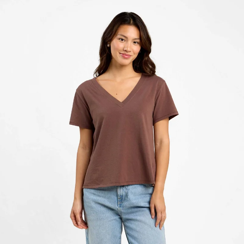 Fresh And Elegant Vintage Cotton V-Neck Everyday T-Shirt | Coffee