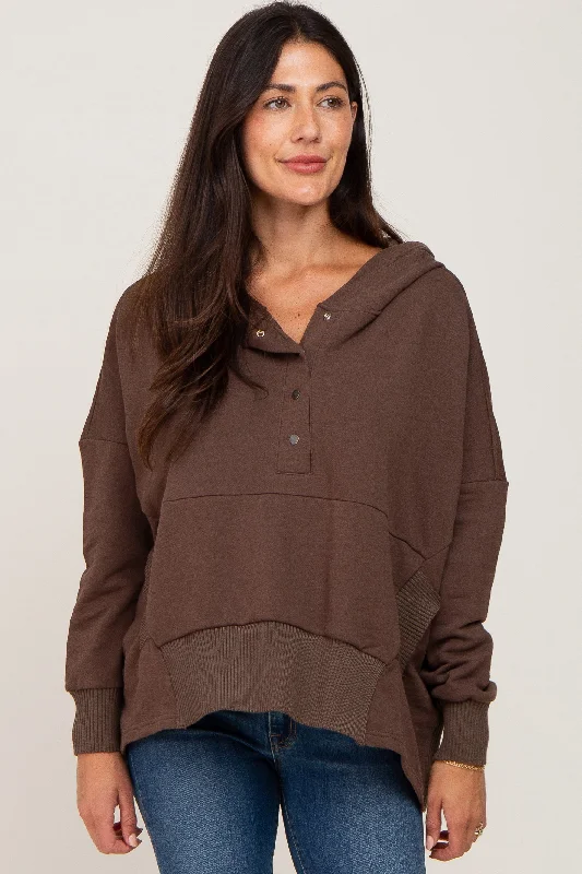 Energy Plan Brown Button Front Ribbed Trim Hooded Sweatshirt