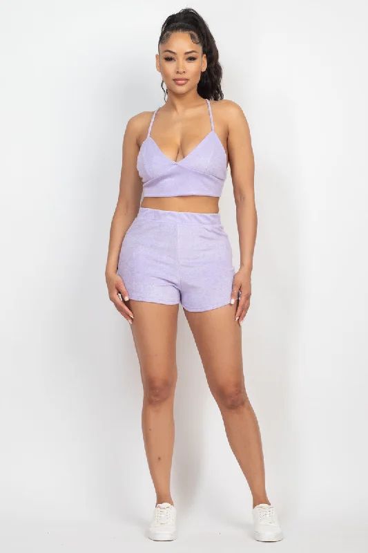 Classic Items Terry Towel Bralette Top & Mini Shorts Set