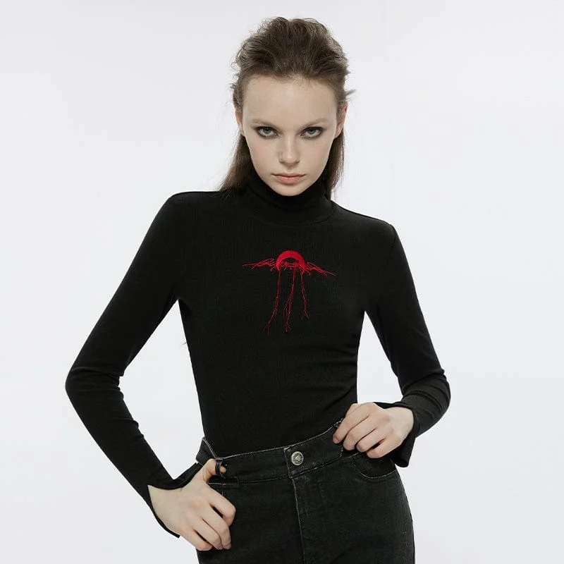 Youthful Style Women's Punk Moon Embroidered Turtleneck Shirt