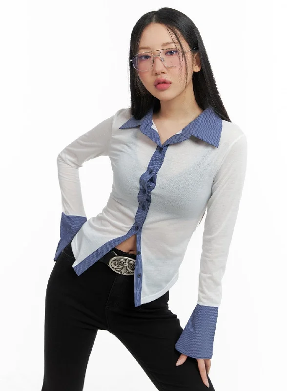 Must-have For Autumn And Winter Contrasting Binding Button-Up Blouse CM421