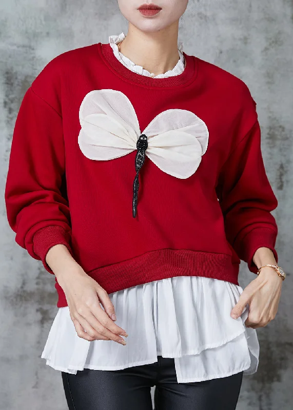 Weekend Style Women Red Patchwork Dragonfly Cotton Sweatshirts Top Spring