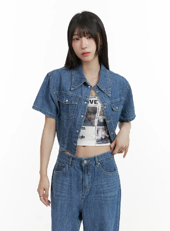 Preview New Products Pocketed Washed Denim Crop Shirt CY407