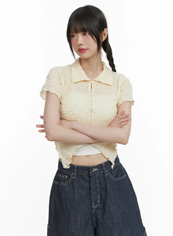 Fashion And Simplicity Woven Collar Cropped Shirt CY414