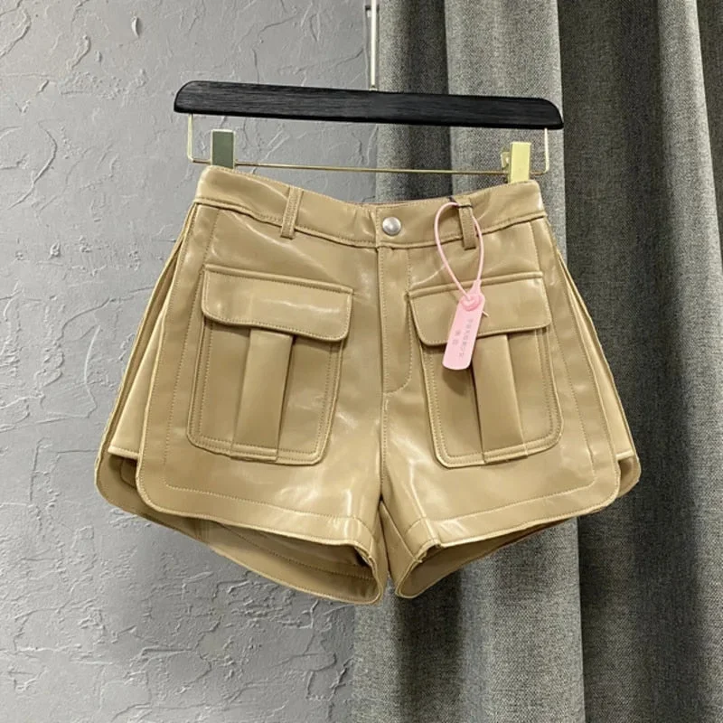 New Design Pu High Waist  Loose Cargo Short