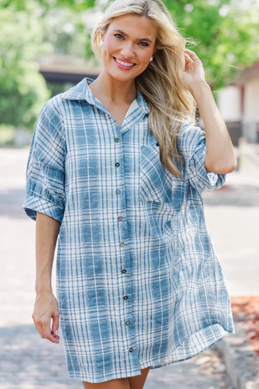 Cozy Look Call On You Chambray Blue Plaid Dress