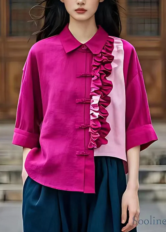 Elegant Comfort Vogue Rose Asymmetrical Ruffled Patchwork Top Fall