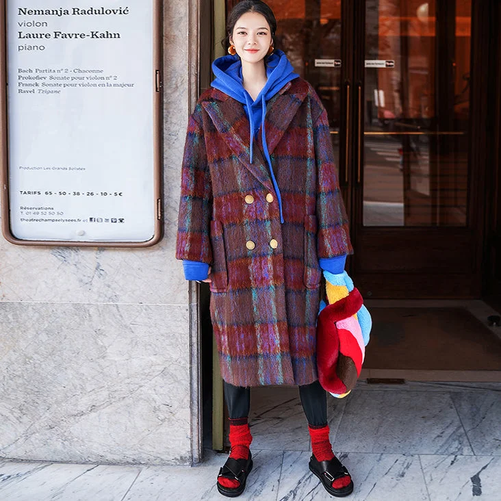 Fashion Concept Fine red blue Plaid coats plus size Notched trench coat New double breasted Wool Coat