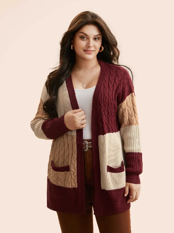 Exquisite Details Colorblock Contrast Cable Knit Pocket Cardigan