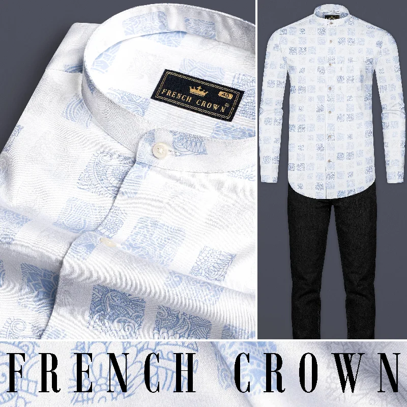 Exquisite Details Bright White and Metallic Blue Printed Super Soft Premium Cotton Shirt