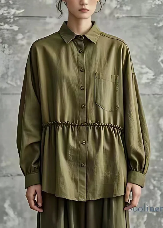 Editorial Design Women Army Green Ruffled Patchwork Top Fall