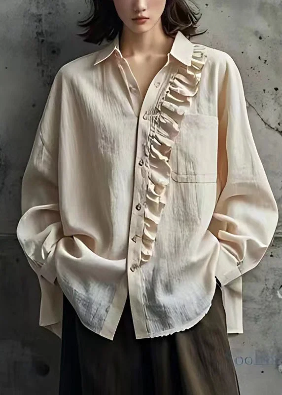 Minimal Classic Simple Beige Ruffled Patchwork Button Tops Fall