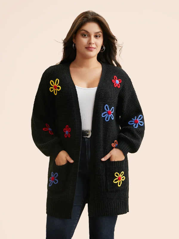 High-end Customization Crochet Floral Puff Sleeve Pocket Cardigan